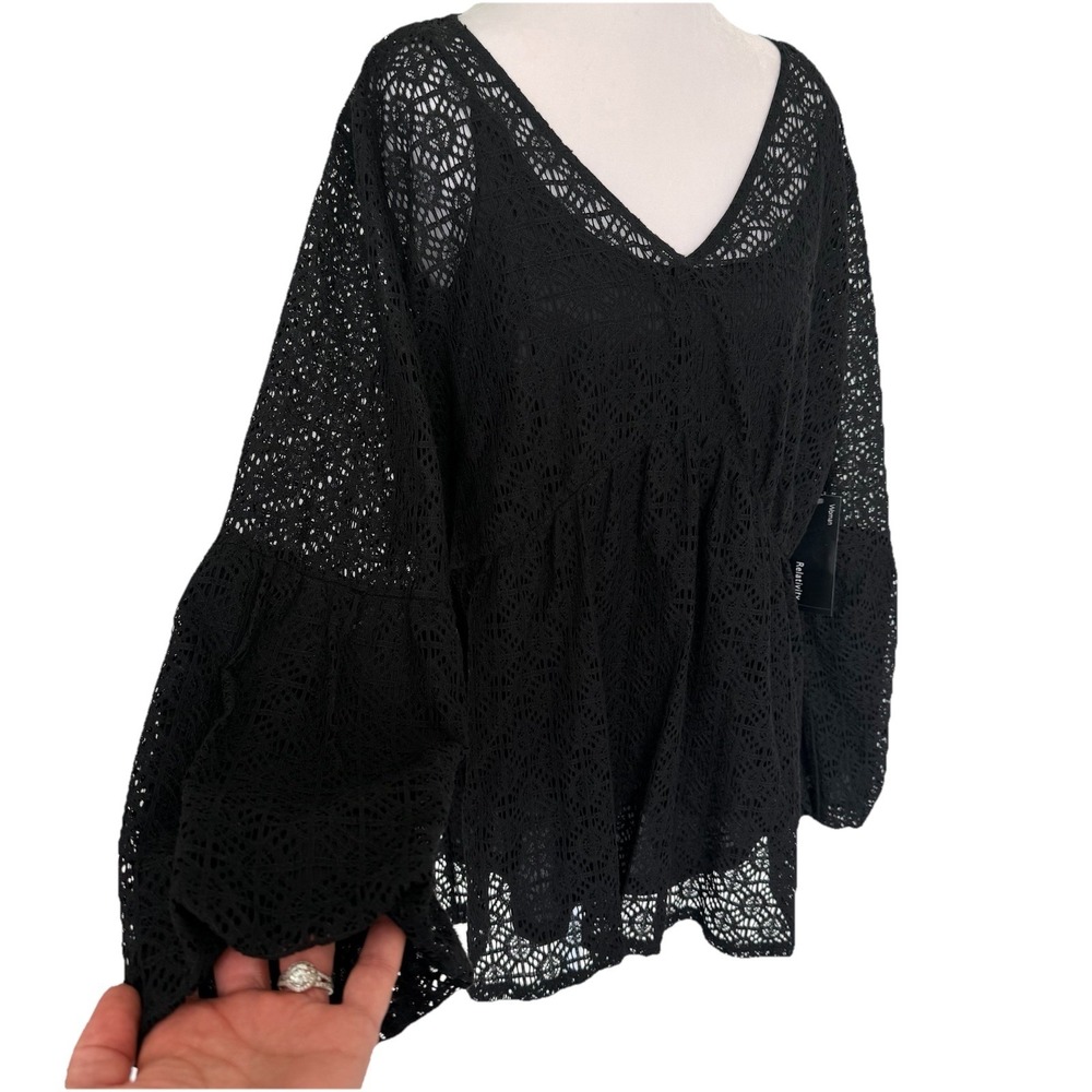 NWT Crochet Lace Blouse 1X Black Sheer Boho Festival Bell Sleeve Top Stretch